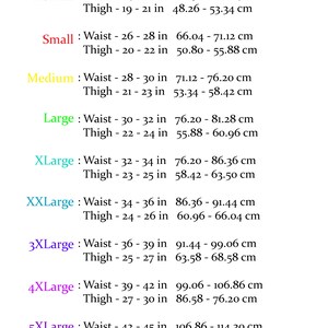 May include: A chart with size recommendations for women's clothing. The chart lists sizes from X-Small to 5X-Large and includes waist and thigh measurements in inches and centimeters.