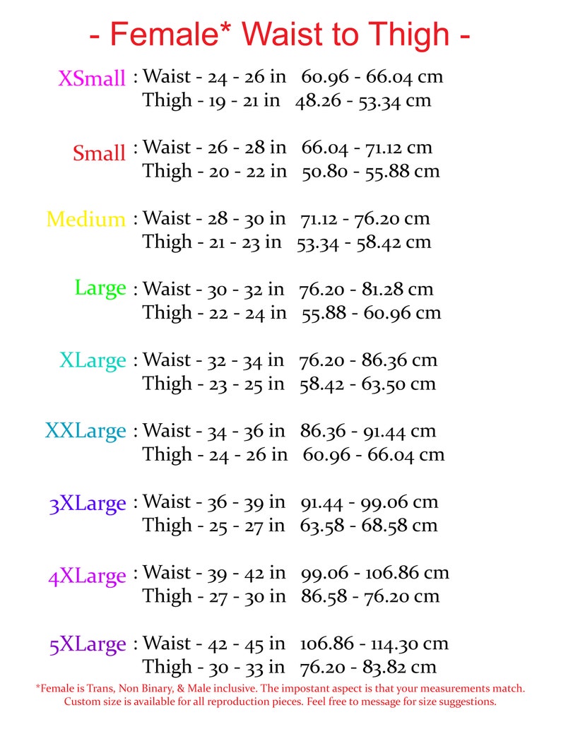 May include: A chart with size recommendations for women's clothing. The chart lists sizes from X-Small to 5X-Large and includes waist and thigh measurements in inches and centimeters.