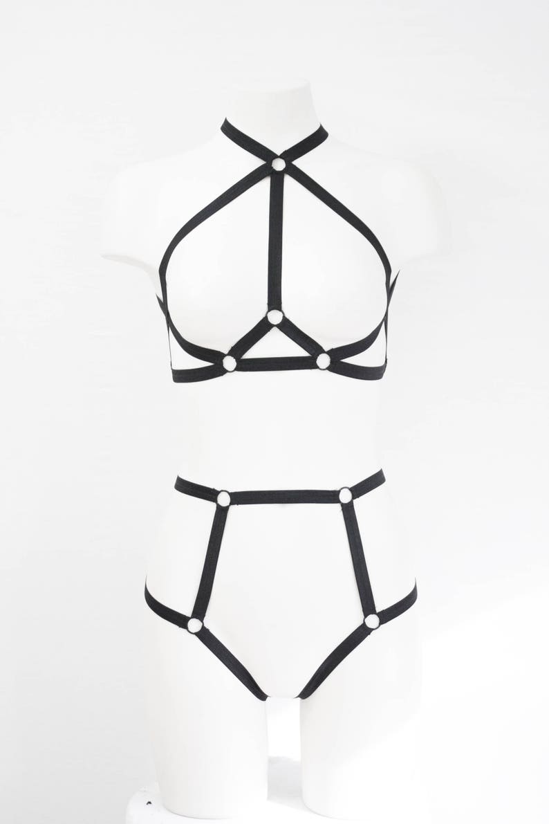 Sexy Black Lingerie Set: Strappy Body Harness, Black Fashion, Black Bralette, Crop Top, High Waist Panties, BDSM, Kinky Outfitf, Plus Size Black