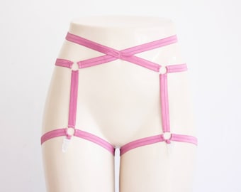 Rose Lingerie: High Waist Garter Belt, Pink Lingerie, Cage Garter, Strappy Body Harness, Boudoir, Pin Up, Festival, Burlesque, Plus Size