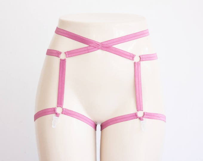 Rose Lingerie: High Waist Garter Belt, Pink Lingerie, Cage Garter, Strappy Body Harness, Boudoir, Pin Up, Festival, Burlesque, Plus Size