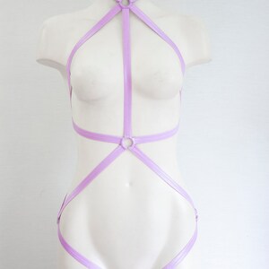May include: A lavender-colored body harness with multiple straps and two metal rings. The harness is designed to be worn over the chest and hips.