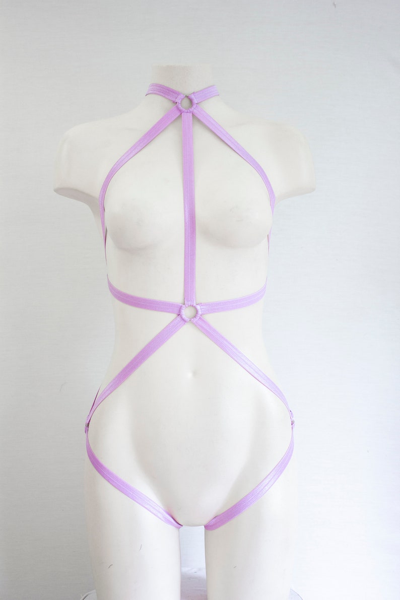 May include: A lavender-colored body harness with multiple straps and two metal rings. The harness is designed to be worn over the chest and hips.