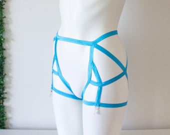 Sexy Neon Blue Garter Belt: Sexy Strappy Exotic Dancewear Outfit, Festival Rave Shorts, Neon Body Harness Lingerie, Pole Fitness Clothing