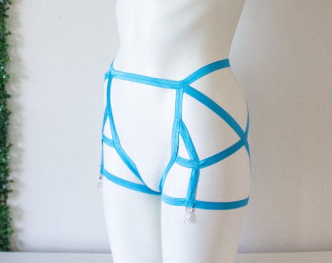 Sexy Neon Blue Garter Belt: Sexy Strappy Exotic Dancewear Outfit, Festival Rave Shorts, Neon Body Harness Lingerie, Pole Fitness Clothing