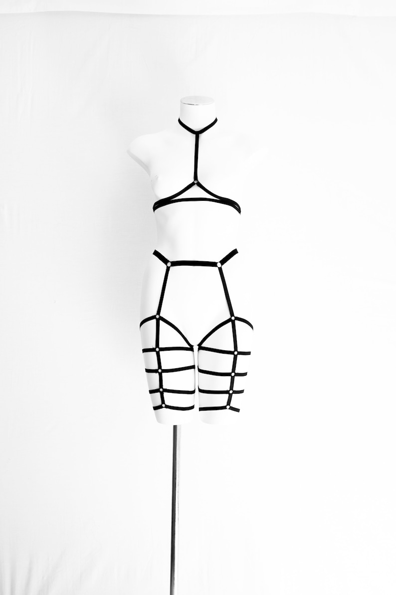 Harness Top Exotic Dancewear Festival Clothing Pole Fitness Body Harness Lingerie Set: Cage Bra black leggings Boudoir Strappy Outfit