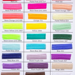May include: A color chart with 24 different colors of elastic. The colors are arranged in three columns and eight rows. Each color has a name and a number code. The colors include red, pink, orange, yellow, green, blue, purple, brown, white, grey, and black.