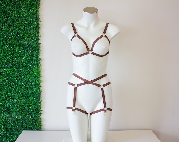 Brown Cage Bra High Waist Garter Belt Harness Lingerie Set / Sexy Strappy Brown Nude Pole Fitness Outfit, Festival Rave Base Clothing Set