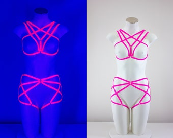Neon Pink Body Harness Lingerie Set, Rave Cage Bralette, High Waist Panty, Exotic Dancewear, Festival Outfit, Glow Clothing, Strappy Harness