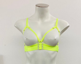 Rave Bralette: UV Glow Clothing, Festival Top, Neon Yellow Lingerie, Strappy Outfit, Sexy Luxury Bra, Adjustable Harness, Triangle Bra, Sexy
