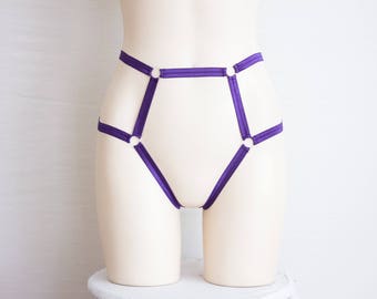 Open Crotch Thong Harness Panties: Purple Body Harness, Strappy Lingerie, Exotic Dancewear, Purple Lingerie, Bondage Lingerie, Purple Thong