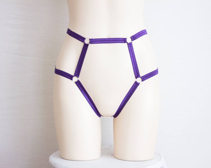 Open Crotch Thong Harness Panties: Purple Body Harness, Strappy Lingerie, Exotic Dancewear, Purple Lingerie, Bondage Lingerie, Purple Thong