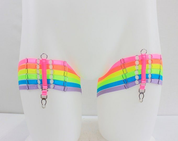 6 Strap Adjustable Harness Garters: NEON RAINBOW!