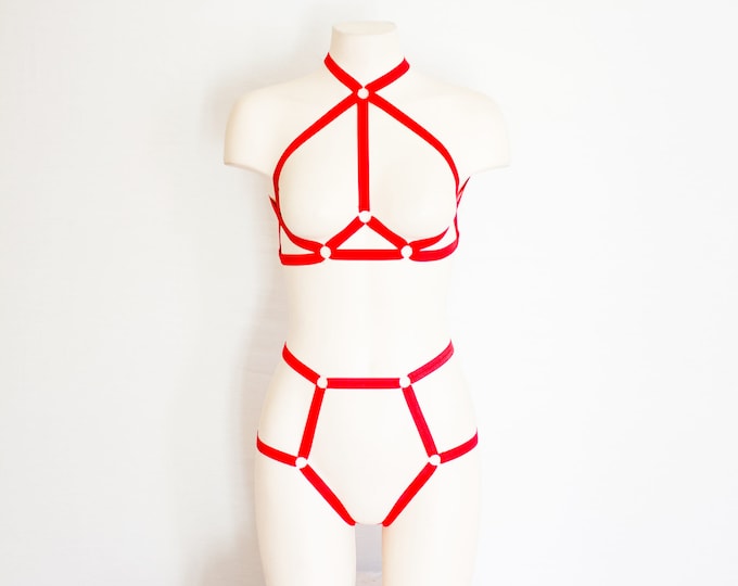Red Body Harness Lingerie: Festival Harness, Cage Bralette, Exotic Dancewear, Burlesque Costume, Red Lingerie, High Waist, Valentines Outfit