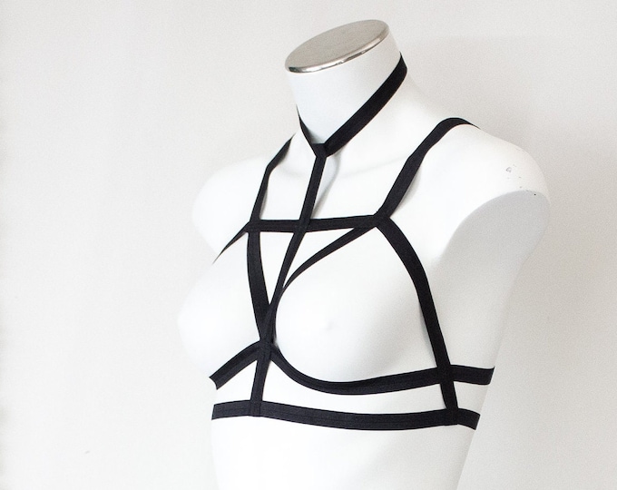 Sexy Strappy Black Halter Top Body Harness Cage Bralette Lingerie: Go Go Festival Pole Exotic Dancewear, Black Bralette, Black Crop top