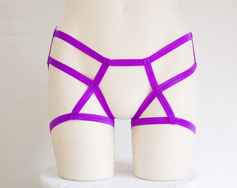 Booty Shorts: Festival Outfit, EDM Rave, Glow Clothing, Exotic Dancewear, Purple Harness, Purple Lingerie, Open Crotch, Purple Underwear