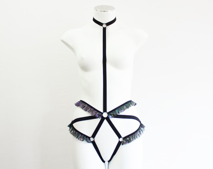 Black Lingerie: Black Fashion, Festival Outfit, Rave Clothing, Body Harness, Ruffle Panties, Iridescent, Holographic, Burlesque, Dancewear