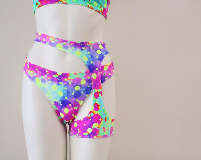 Psychedelic (UV) Bikini Set Rave Festival Shorts: High Waist Garter Dancewear Clothing, Stripper Outfit