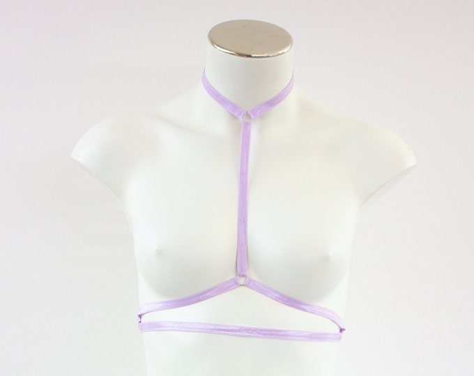 Elastic Cage Bra: Halter Top, Lavender Lingerie, Exotic Body Harness, Strappy Bra, Pastel Goth, Pastel Purple Clothing, Rave Dancewear, Mini