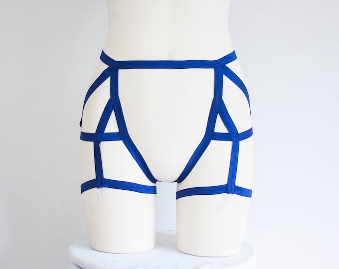 Navy Blue Garter Belt: Harness Lingerie, Cage Garter, Strappy Lingerie, High Waisted Underwear, Boudoir, Burlesque Garter, Blue Clothing