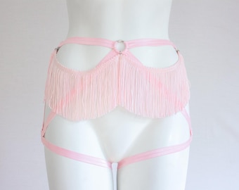 Strappy Stretch Tassel Body Harness Lingerie Booty Shorts: Burlesque Exotic Pole Dance Costume