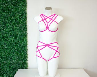 Millie Bralette & Harness Shorts: NEON ROSE