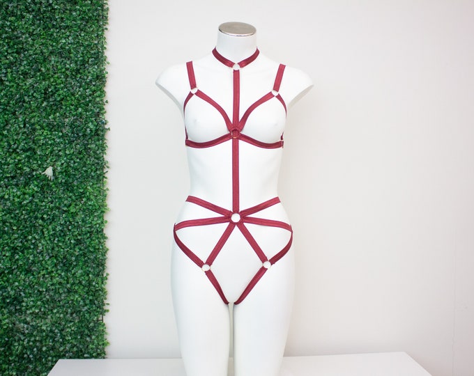 Sexy Wine Red Strappy Cage Bralette and Bodysuit Body Harness Lingerie Set: Festival Outfit, Rave Fashion, Boudoir Costume, BDSM Accessories