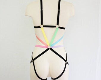 Rainbow Harness: Festival Outfit, Pastel Goth, Pride Clothing, Black Body Harness Lingerie, Woman's One Piece, Bodysuit, LGBTQ, Plus Size