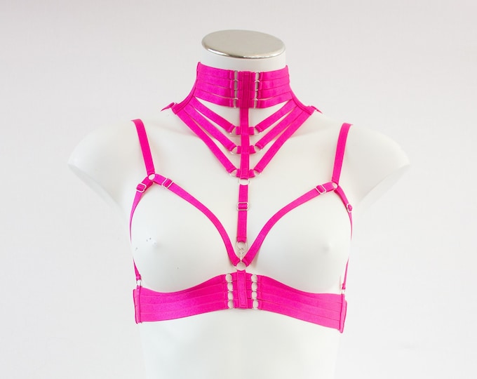 Pink Body Harness Lingerie Bralette: Triangle Cage Bra, Harness Top, Sexy Pink Lingerie, Boudoir Outfit, Festival Fashion, Exotic Pole Dance