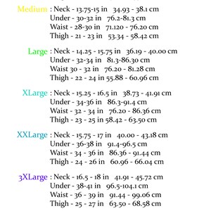 May include: A size chart detailing body measurements in inches and centimetres for neck, underbust, waist, and thigh, ranging from XSmall to 5XLarge. Includes a note on inclusivity.