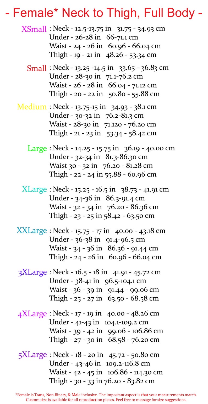 May include: A size chart detailing body measurements in inches and centimetres for neck, underbust, waist, and thigh, ranging from XSmall to 5XLarge. Includes a note on inclusivity.