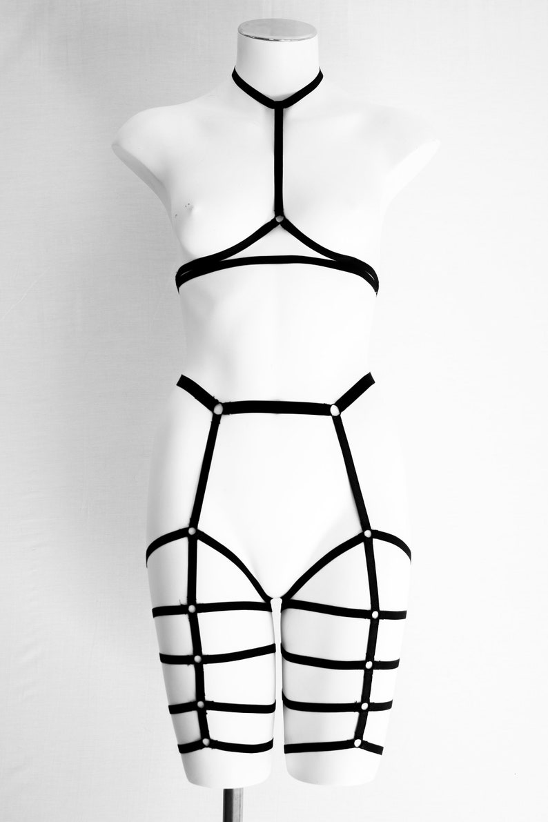 Harness Top Exotic Dancewear Festival Clothing Pole Fitness Body Harness Lingerie Set: Cage Bra black leggings Boudoir Strappy Outfit