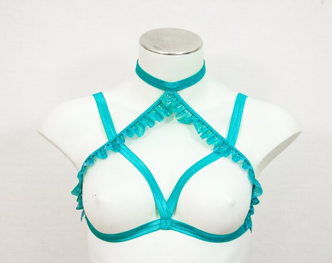 Green Cage Bra: Festival Bralette, Burlesque Top, Teal Clothing, Adult Mermaid, Ruffle Lingerie, Body Harness Lingerie, Exotic Dancewear