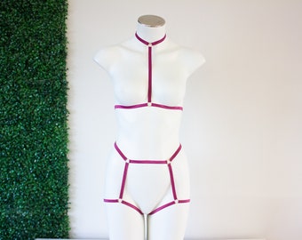 Burgundy Wine Red Sexy Spaghetti Thin Strappy Dance Rave Festival Halter Top Cage Bralette High Waist Booty Short Body Harness Lingerie Set