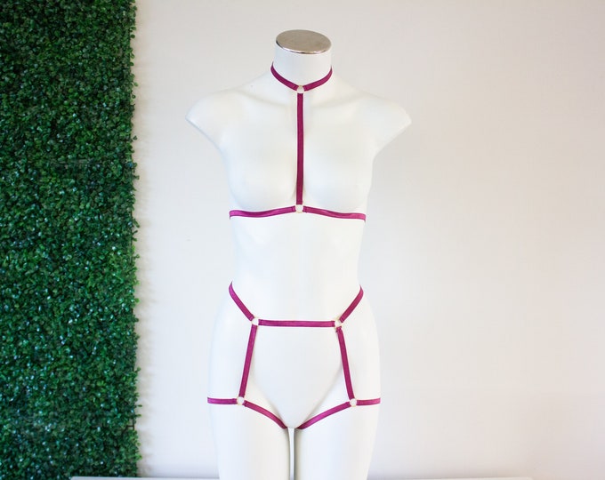 Burgundy Wine Red Sexy Spaghetti Thin Strappy Dance Rave Festival Halter Top Cage Bralette High Waist Booty Short Body Harness Lingerie Set