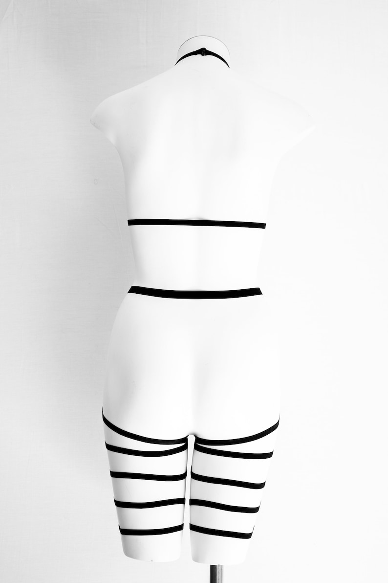 Harness Top Exotic Dancewear Festival Clothing Pole Fitness Body Harness Lingerie Set: Cage Bra black leggings Boudoir Strappy Outfit