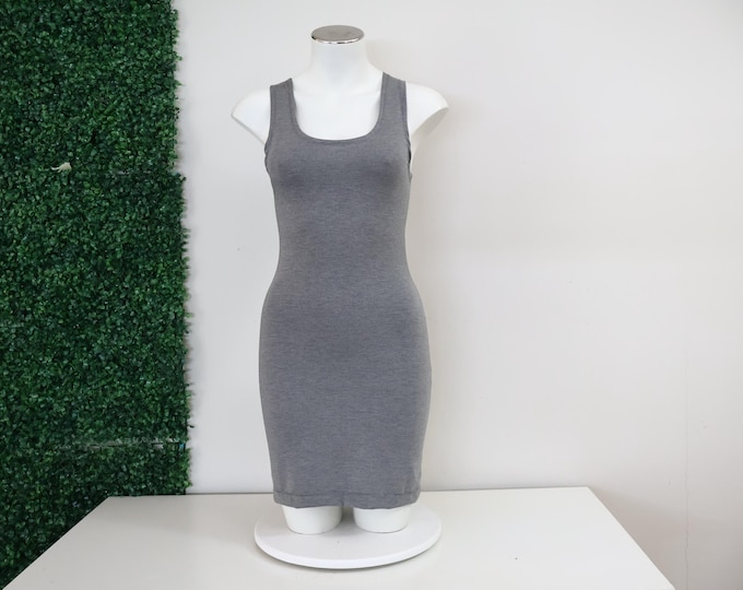 Gray Bodycon Pencil Dress: Knee Length Tank Style, Body Hugging, Classic Dress, Plunge Gown