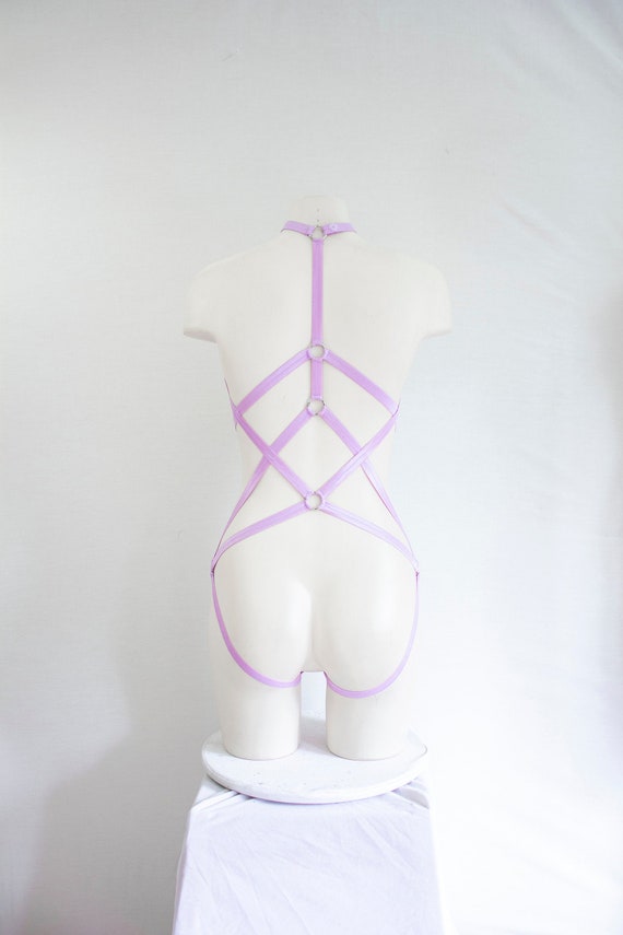 Purple Bodysuit: Purple Lingerie, Pastel Goth, Festival Harness, Exotic Dancewear, Rave Outfit, Strappy Clothing, Geometric, Pole Fashion
