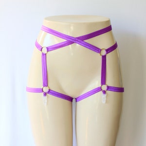May include: Purple lingerie harness with gold-colored rings and clear plastic clips. The harness is displayed on a mannequin. The design features straps that cross over the front and connect with rings and straps around the legs.