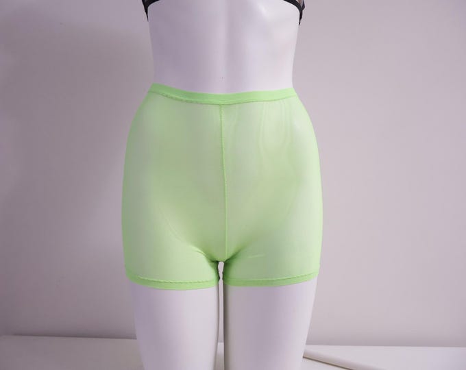 Neon Green Glow High Waist Sheer Mesh Booty Shorts: Festival Rave Fashion, Stripper Outfit, Exotic Dancewear