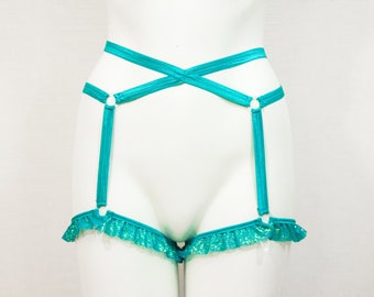 Festival Costume: Green Body Harness, Green Garter Belt, Green Lingerie, Burlesque Garter, Teal Clothing, Ruffle Underwear, Adult Mermaid