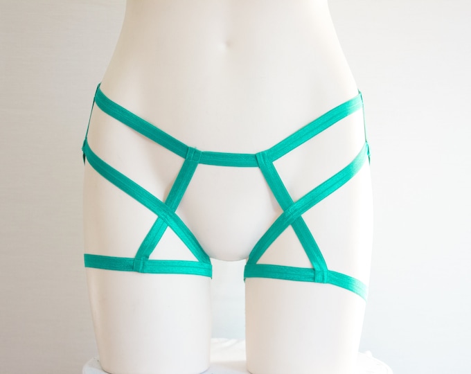 Green Harness: Green Lingerie, Green Shorts, Festival Outfit, Exotic Dancewear, Strappy Lingerie, Jade Green, Booty Shorts, Green Body Cage