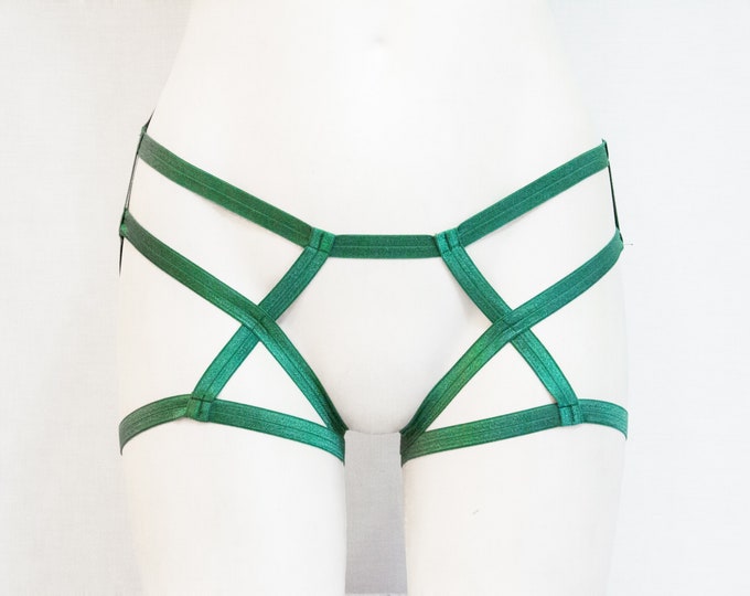 Green Lingerie: Booty Shorts, Festival Pants, Rave Outfit, Pole Dance, Exotic Dancewear, Go Go, Body Harness, Harness Panties, Open Crotch