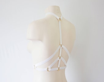 White Bralette: Wedding Lingerie, Glow Clothing, Festival Top, Rave Outfit, Exotic Dancewear, White Lingerie, White Body Harness, Halter Top