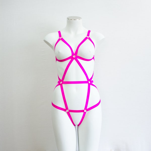 Glow Clothing: Festival Body Harness, Neon Lingerie, UV, Hot Pink Bodysuit, Exotic Dancewear, Rave Outfit, Boudoir, Pink Lingerie, Strappy