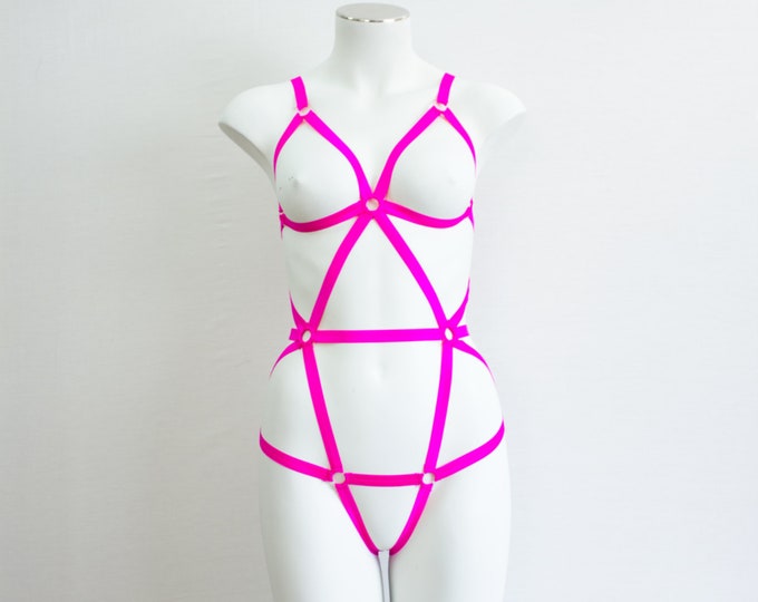 Glow Clothing: Festival Body Harness, Neon Lingerie, UV, Hot Pink Bodysuit, Exotic Dancewear, Rave Outfit, Boudoir, Pink Lingerie, Strappy