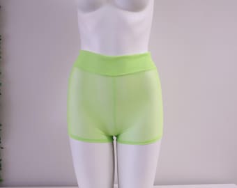 High Waist Sheer Mesh Glow Neon Green Booty Shorts: Festival Rave Fashion, Stripper Outfit
