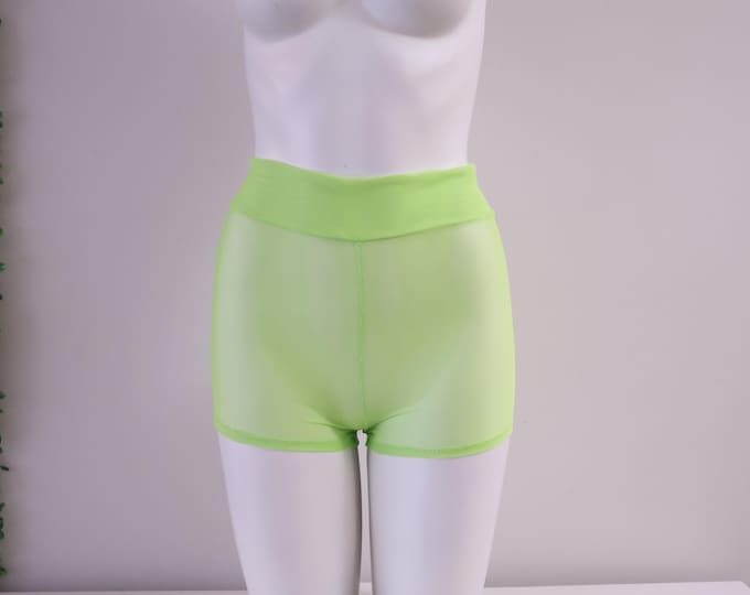 High Waist Sheer Mesh Glow Neon Green Booty Shorts: Festival Rave Fashion, Stripper Outfit