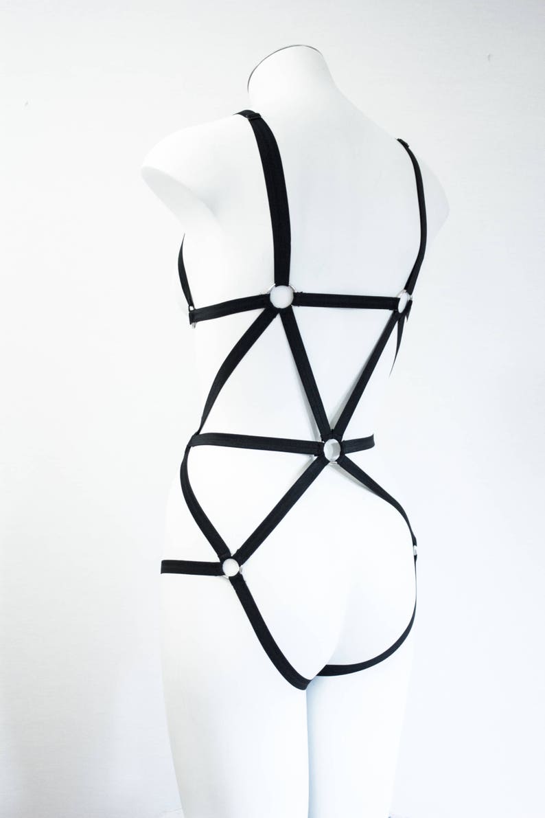 BOXED Black Stretchy Body Harness Bodysuit w/Silver Hardware main image 1