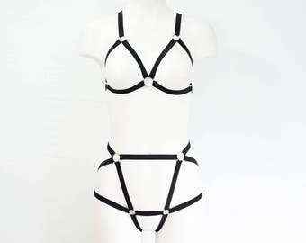 Harness Lingerie: Black Fashion, BDSM Outfit, Strappy Lingerie Set, Cage Bra, Harness Panties, Exotic Lingerie, Exotic Dancewear, Plus Size